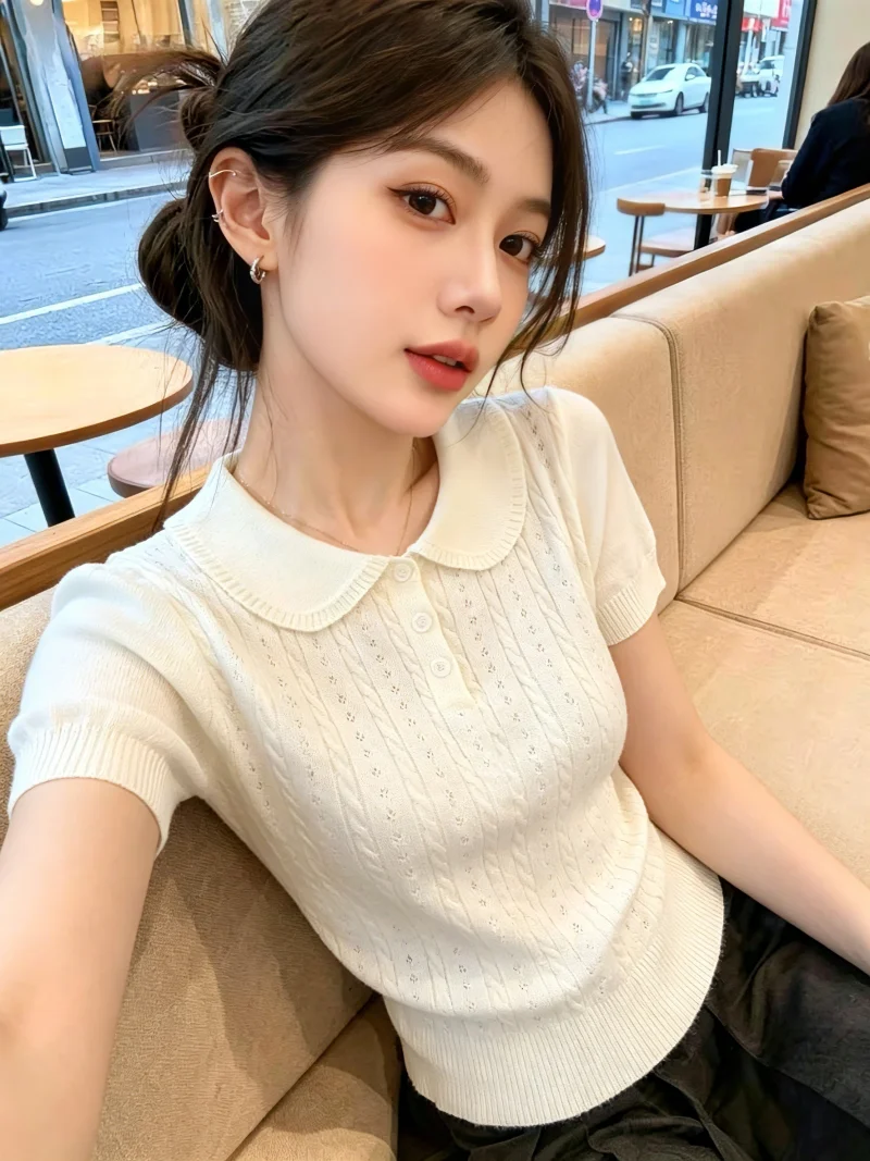 Korean Style Simple Doll Collar Twist Knitted T-Shirt Women's Summer Casual Versatile Hollow out Top Straight Tube Shape
Korean Style Simple Doll Collar Twist Knitted T-Shirt Women's Summer Casual Versatile Hollow out Top Straight Tube Shape