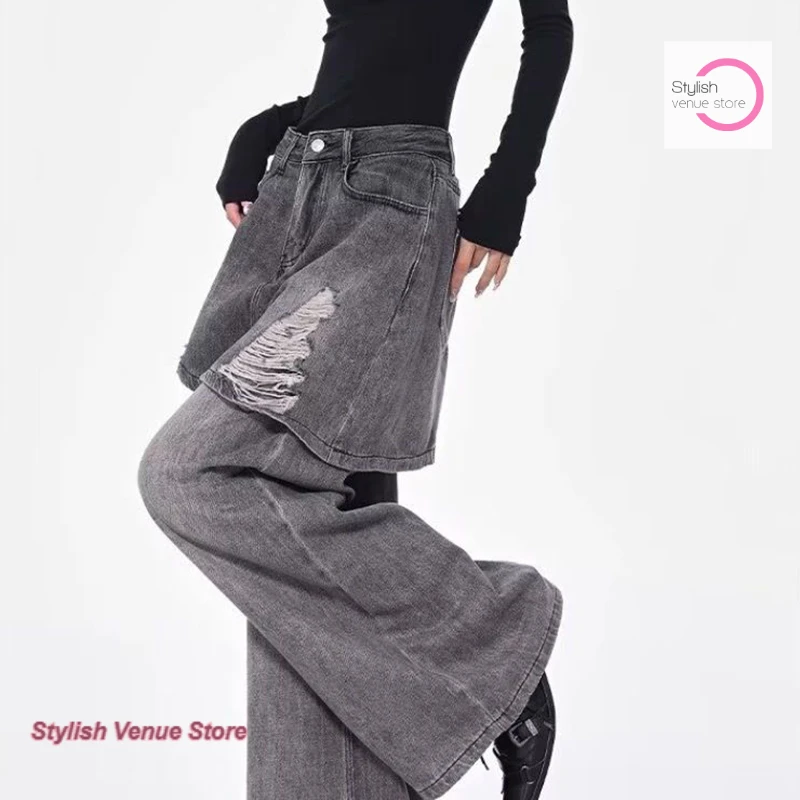 American fake two-piece jeans with holes in design, women's spring and autumn new loose casual straight wide-leg mop pants.
American fake two-piece jeans with holes in design, women's spring and autumn new loose casual straight wide-leg mop pants.