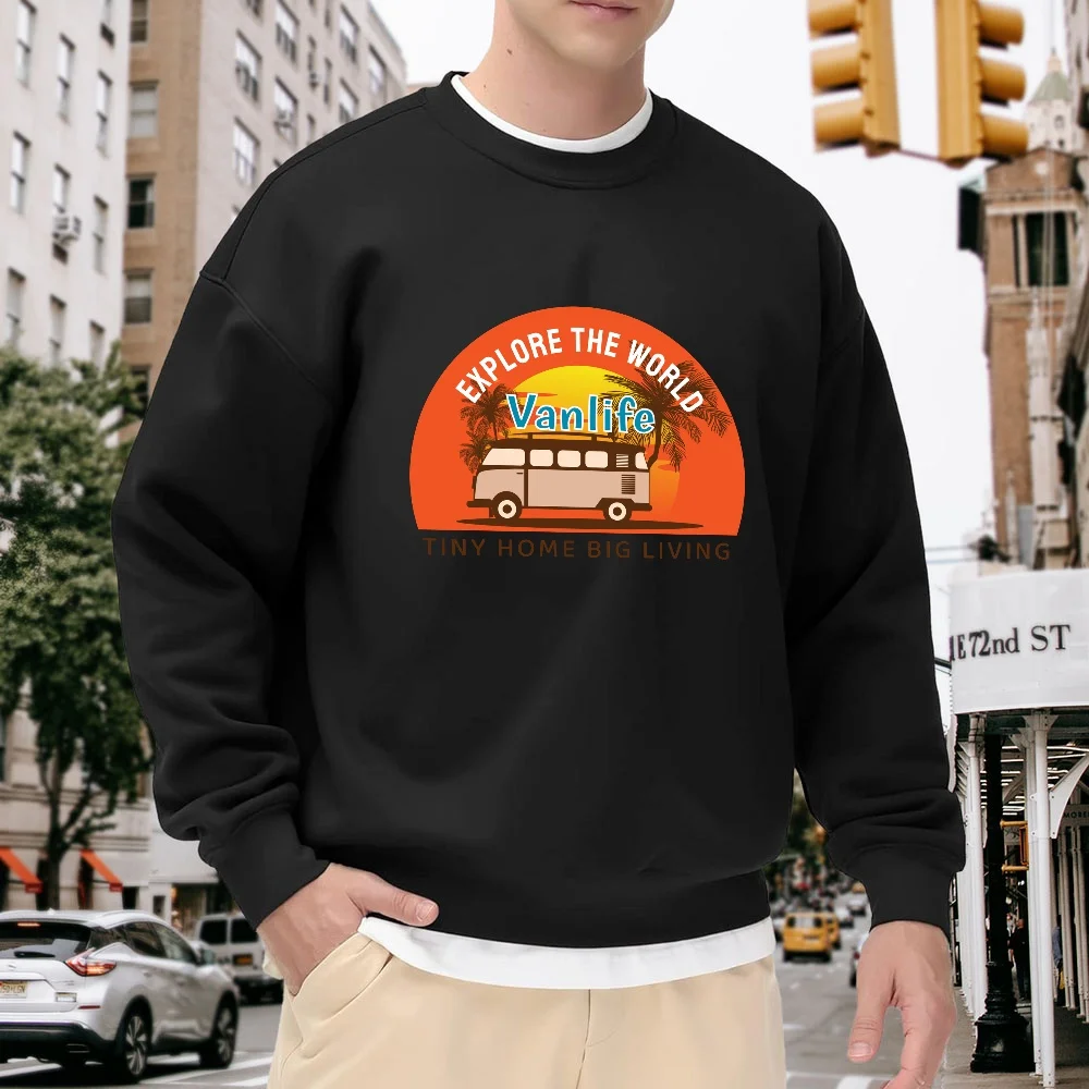 Men's Black Crew Neck Pullover Sweatshirt with Vintage Vanlife Print Pattern, Loose Casual Top, Versatile for Daily Wear and Travel, Comfortable and Breathable
Men's Black Crew Neck Pullover Sweatshirt with Vintage Vanlife Print Pattern, Loose Casual Top, Versatile for Daily Wear and Travel, Comfortable and Breathable