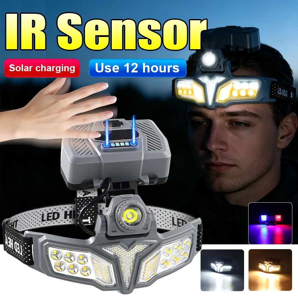 Solar Rechargeable LED Headlamp IR Sensor Headlamp 18650 Battery High Power Cap Light Head LED Front Flashlight Camping Hiking
Solar Rechargeable LED Headlamp IR Sensor Headlamp 18650 Battery High Power Cap Light Head LED Front Flashlight Camping Hiking