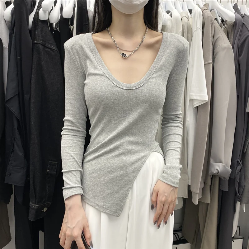 Elastic Long Sleeve Women's T-shirt Irregular Slit Bottoming Cotton V-neck Commute Style Casual Korean Version plus Size
Elastic Long Sleeve Women's T-shirt Irregular Slit Bottoming Cotton V-neck Commute Style Casual Korean Version plus Size