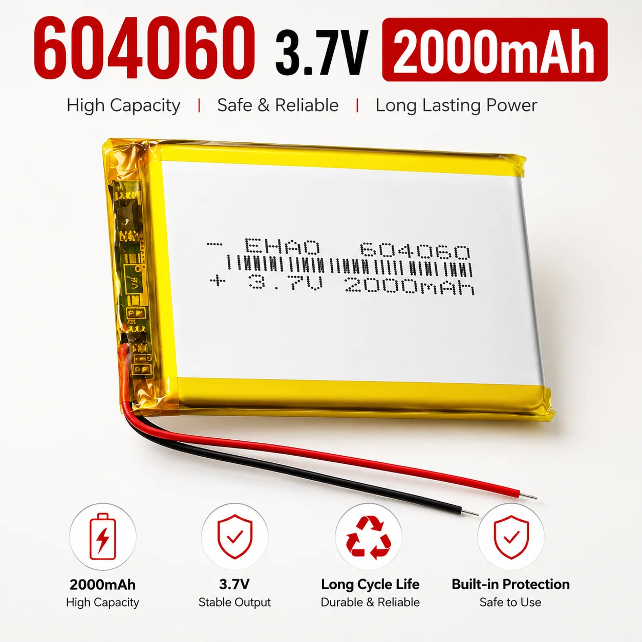3.7V 2000mAh 604060 Lithium Polymer Li‑Po Cell for Portable Bluetooth Speaker GPS Navigation Microphone DVD
3.7V 2000mAh 604060 Lithium Polymer Li‑Po Cell for Portable Bluetooth Speaker GPS Navigation Microphone DVD