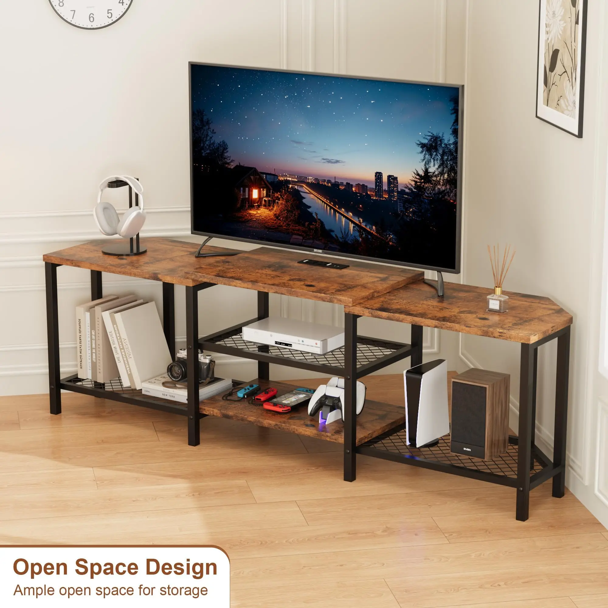 67 Inch Corner TV Stand for 55 65 75 Inch TVs with 4 Open Shelves Power Outlets and LED Lights Media Console Table
67 Inch Corner TV Stand for 55 65 75 Inch TVs with 4 Open Shelves Power Outlets and LED Lights Media Console Table
