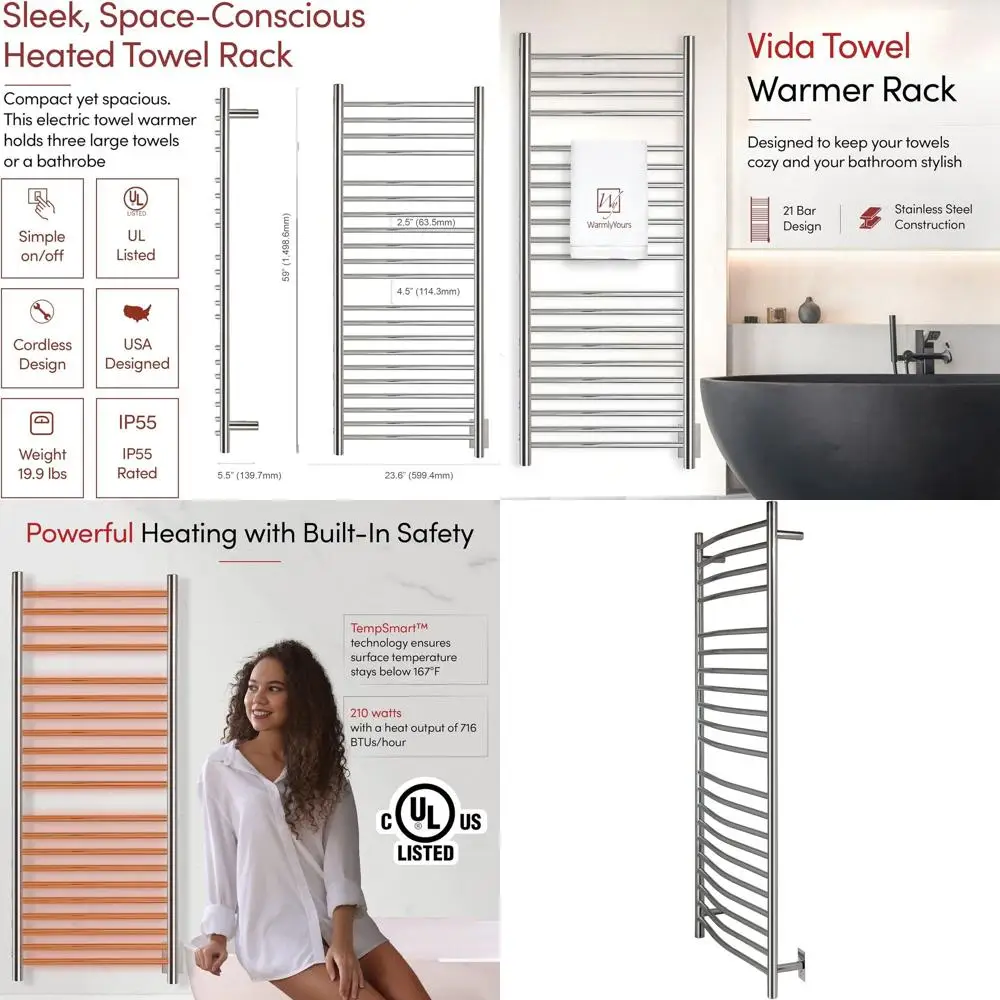 21-Bar Electric Wall-Mounted Towel Warmer, Polished 304 Stainless Steel, Hardwired, Ideal for Luxury Spa or Large Bathrooms
21-Bar Electric Wall-Mounted Towel Warmer, Polished 304 Stainless Steel, Hardwired, Ideal for Luxury Spa or Large Bathrooms
