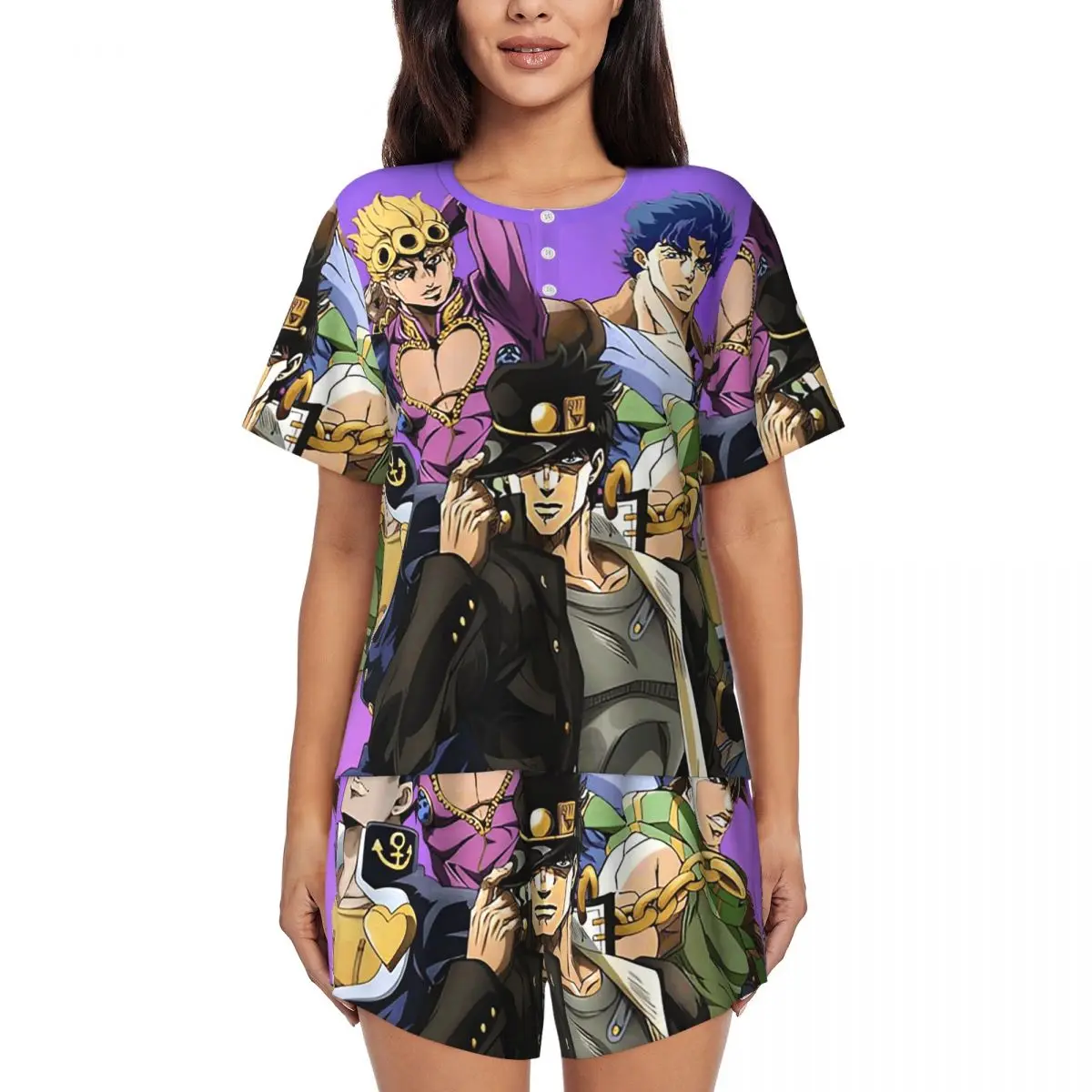 Ночные рубашки с круглым вырезом и короткими рукавами в стиле аниме Jojo Bizarre Adventure для женщин, мягкий пижамный комплект с короткими штанами
Ночные рубашки с круглым вырезом и короткими рукавами в стиле аниме Jojo Bizarre Adventure для женщин, мягкий пижамный комплект с короткими штанами