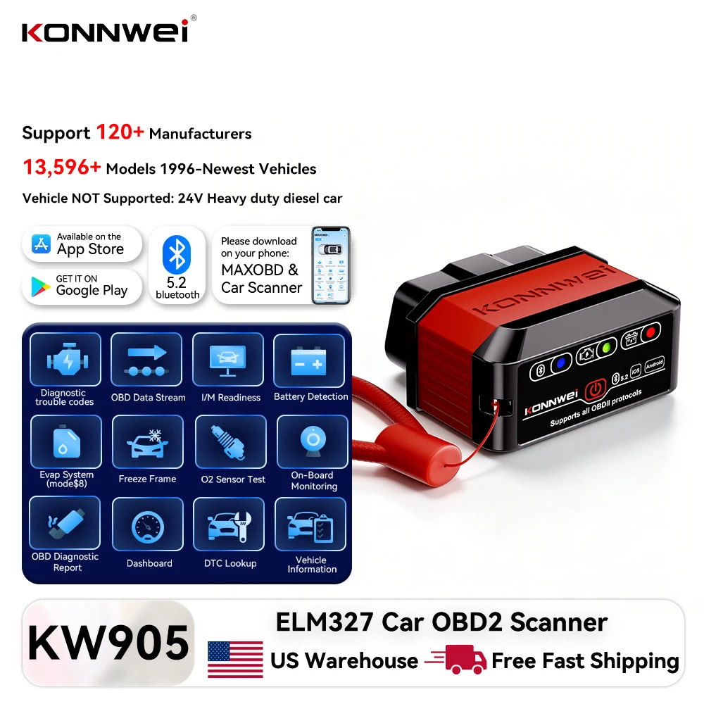 KONNWEI KW905 ELM327 V1.5 OBD2 Fault Scanner Wireless Bluetooth 5.2 OBDII Car Scanning Tool Engine Fault Code Reader Car Gadgets Automotive Tools for Android & iOS
KONNWEI KW905 ELM327 V1.5 OBD2 Fault Scanner Wireless Bluetooth 5.2 OBDII Car Scanning Tool Engine Fault Code Reader Car Gadgets Automotive Tools for Android & iOS