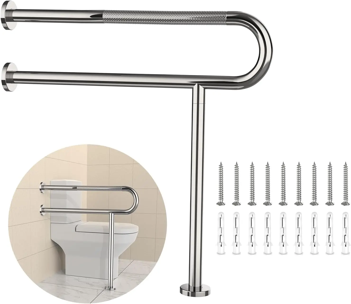 Toilet Grab Bar 31.3 Inch with Leg, Anti-Slip Handrail, Wall & Floor Mounted Stainless Steel, Knurled Support Rail for Elderly
Toilet Grab Bar 31.3 Inch with Leg, Anti-Slip Handrail, Wall & Floor Mounted Stainless Steel, Knurled Support Rail for Elderly