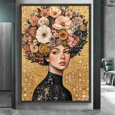 Gustav Klimt Style Golden Mosaic Lady Portrait Canvas Painting Elegant Woman With Floral Hat Art poster print Luxury Wall Decor