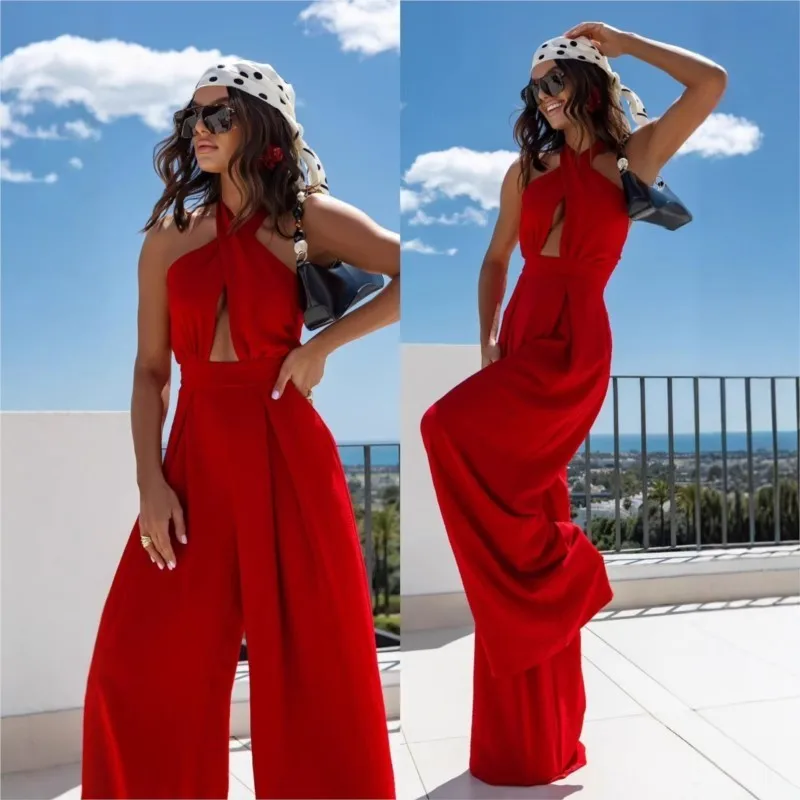 Sexy Cross Halter Backless Jumpsuits Women Summer Hollow Out High Waist Solid Slim Fold Trousers Holiday Party Wide Leg Jumpsuit
Sexy Cross Halter Backless Jumpsuits Women Summer Hollow Out High Waist Solid Slim Fold Trousers Holiday Party Wide Leg Jumpsuit