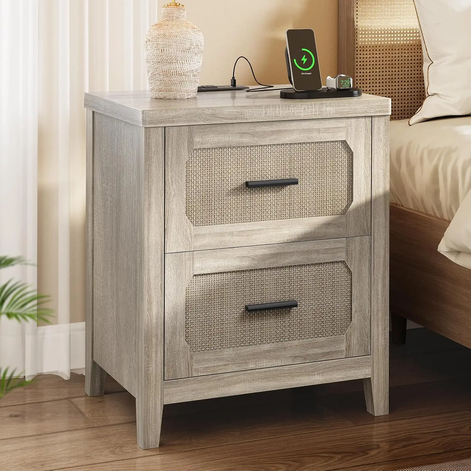 22in Wide Rattan Nightstand with Charging Station 2 Drawers Metal Handle Bedroom End Side Table Grey Oak, Customized
22in Wide Rattan Nightstand with Charging Station 2 Drawers Metal Handle Bedroom End Side Table Grey Oak, Customized