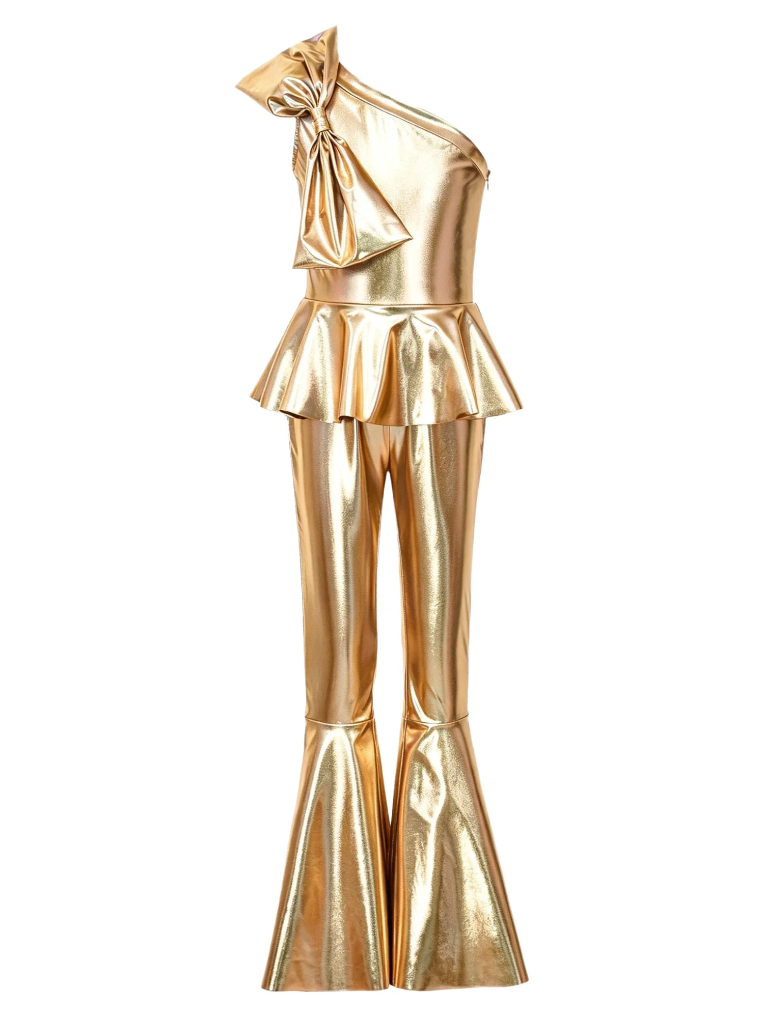 Kids Girls Disco Hippie Dance Jumpsuit Metallic Flared Pants Bodysuit One Shoulder Bowtie Decor Ruffle Stage Performance Costume
Kids Girls Disco Hippie Dance Jumpsuit Metallic Flared Pants Bodysuit One Shoulder Bowtie Decor Ruffle Stage Performance Costume