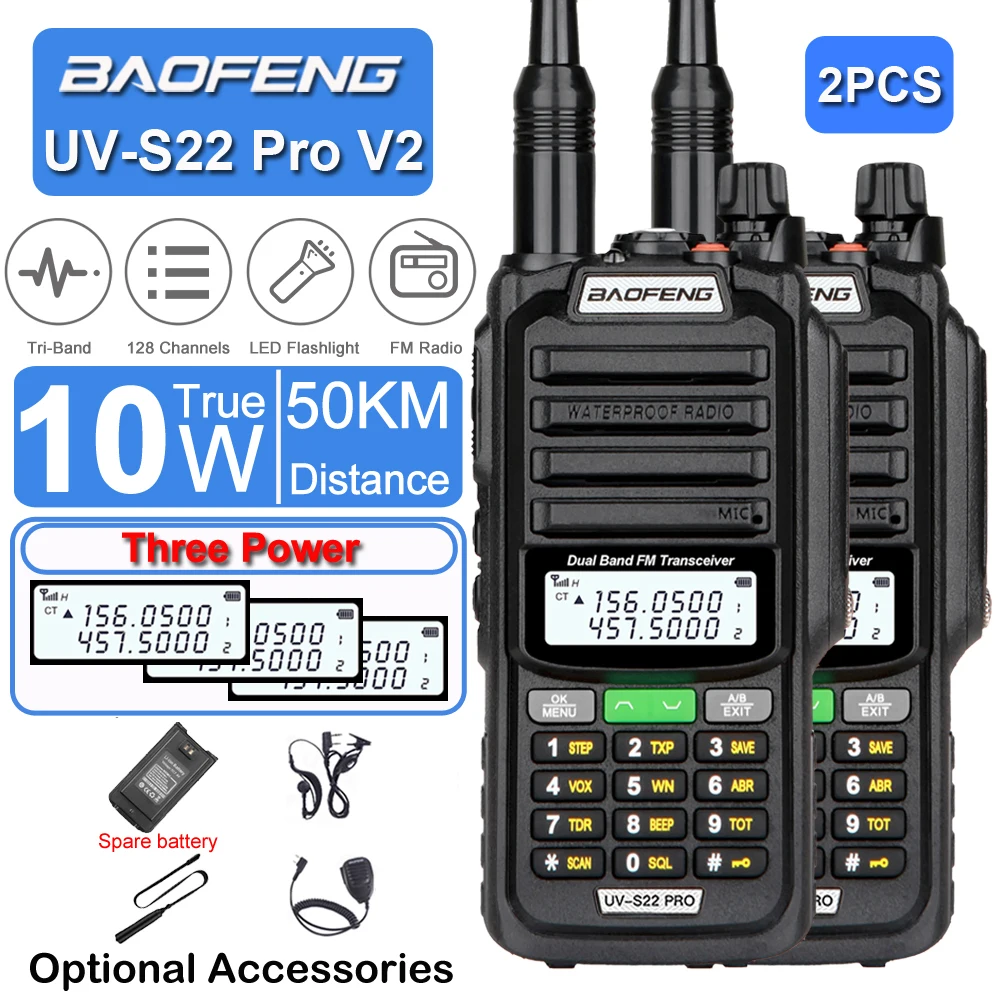 2PCS Baofeng 10W Three Power IP68 Waterproof Walkie Talkie Type-C Powered UHF VHF Long Range FM Radio UV-S22 Pro V2 Interphone
2PCS Baofeng 10W Three Power IP68 Waterproof Walkie Talkie Type-C Powered UHF VHF Long Range FM Radio UV-S22 Pro V2 Interphone