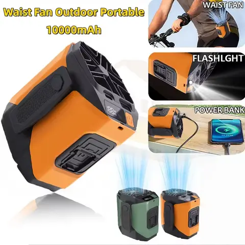 Portable Waist Fan 10000mAh with Power Bank LED Lighting Hanging Neck Fan 5 Speed Strong Airflow Cooling Fan for Outdoor Working