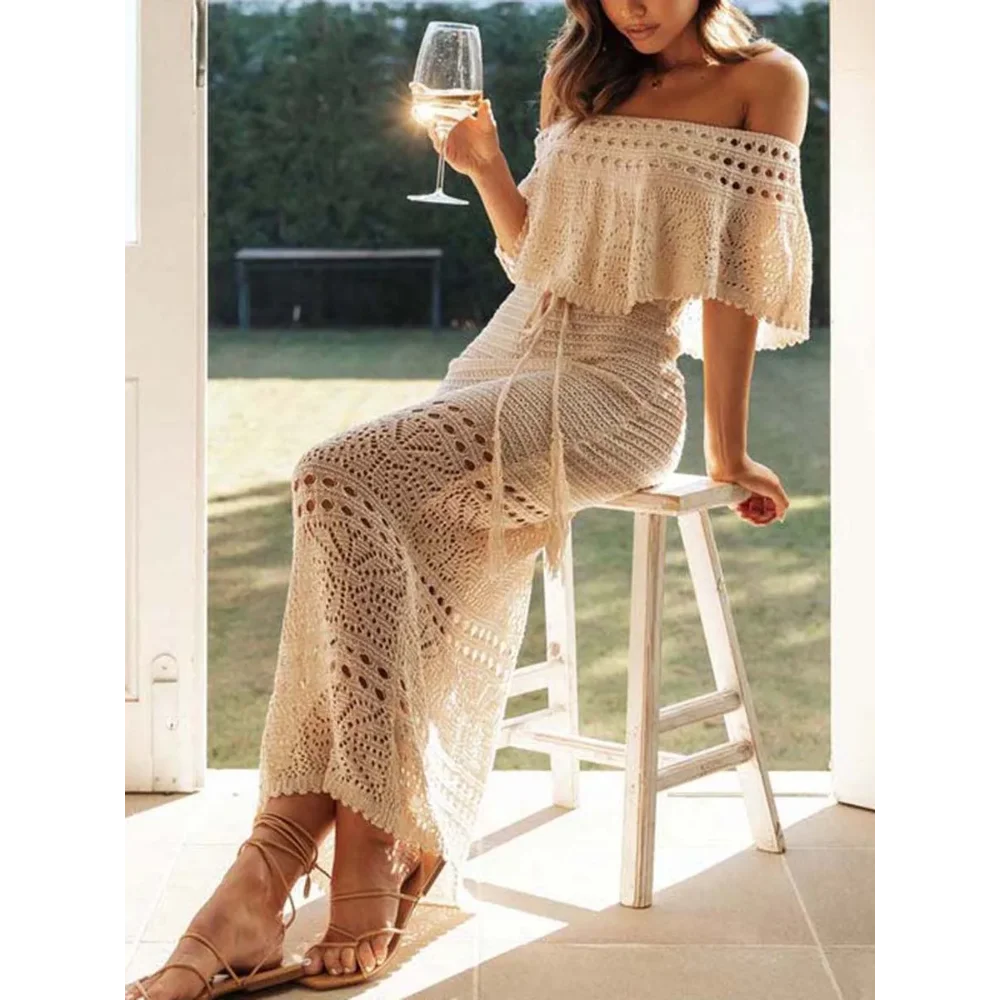 Элегантное ажурное платье, женское летнее платье с коротким рукавом и открытыми плечами, вязаное летнее платье с завязками
Элегантное ажурное платье, женское летнее платье с коротким рукавом и открытыми плечами, вязаное летнее платье с завязками