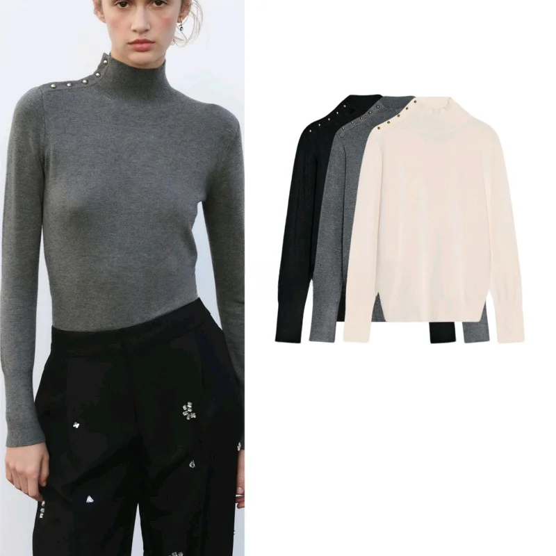 Осенне-зимняя новинка: женский свитер с длинными рукавами, позолоченными пуговицами, вязаный плоской вязкой, с воротником-стойкой, стандартный крой
Осенне-зимняя новинка: женский свитер с длинными рукавами, позолоченными пуговицами, вязаный плоской вязкой, с воротником-стойкой, стандартный крой