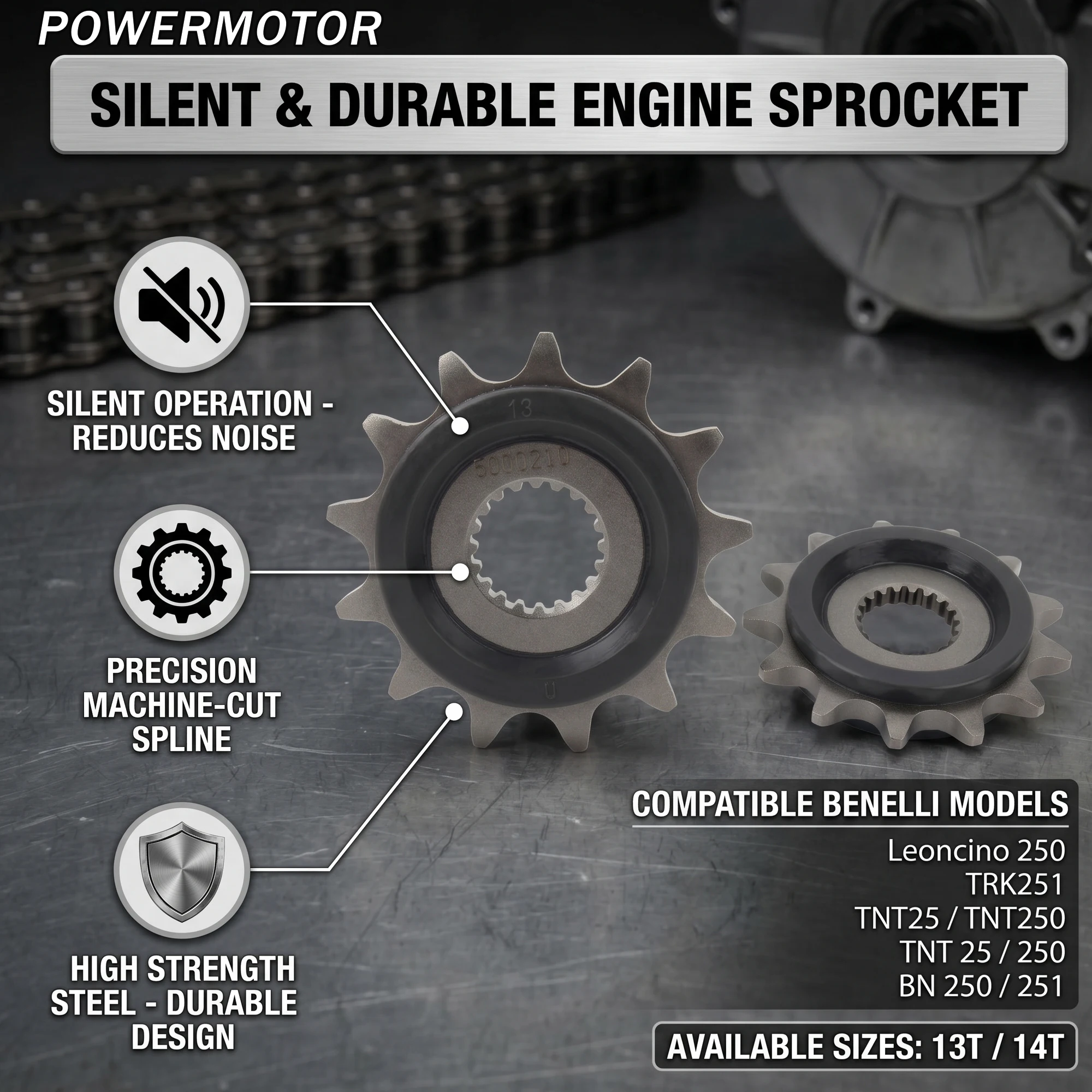 13T 14T Motorcycle Egnine Sprocket Pinion Rear Sprocket Part for Benelli Leonocnio 250 TRK251 TNT25 TNT250 TNT 25 250 BN 250 251
13T 14T Motorcycle Egnine Sprocket Pinion Rear Sprocket Part for Benelli Leonocnio 250 TRK251 TNT25 TNT250 TNT 25 250 BN 250 251