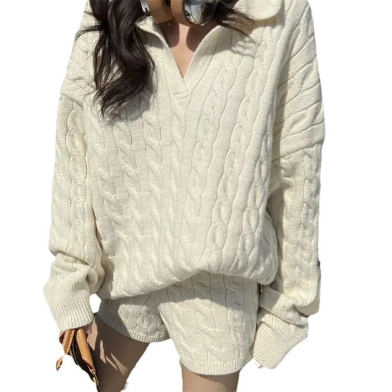 Korean Style Sweater Short Sets Women Casual Turn-down Collar Solid Knitted Pullover Top+high Waist Shorts 2 Piece Set
Korean Style Sweater Short Sets Women Casual Turn-down Collar Solid Knitted Pullover Top+high Waist Shorts 2 Piece Set