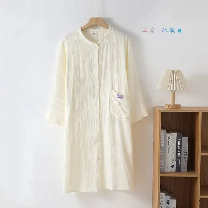 Разноцветный хлопковый трехслойный женский кардиган с воротником-стойкой и пуговицами, ночная рубашка с длинными рукавами, домашняя одежда для пар 
Разноцветный хлопковый трехслойный женский кардиган с воротником-стойкой и пуговицами, ночная рубашка с длинными рукавами, домашняя одежда для пар