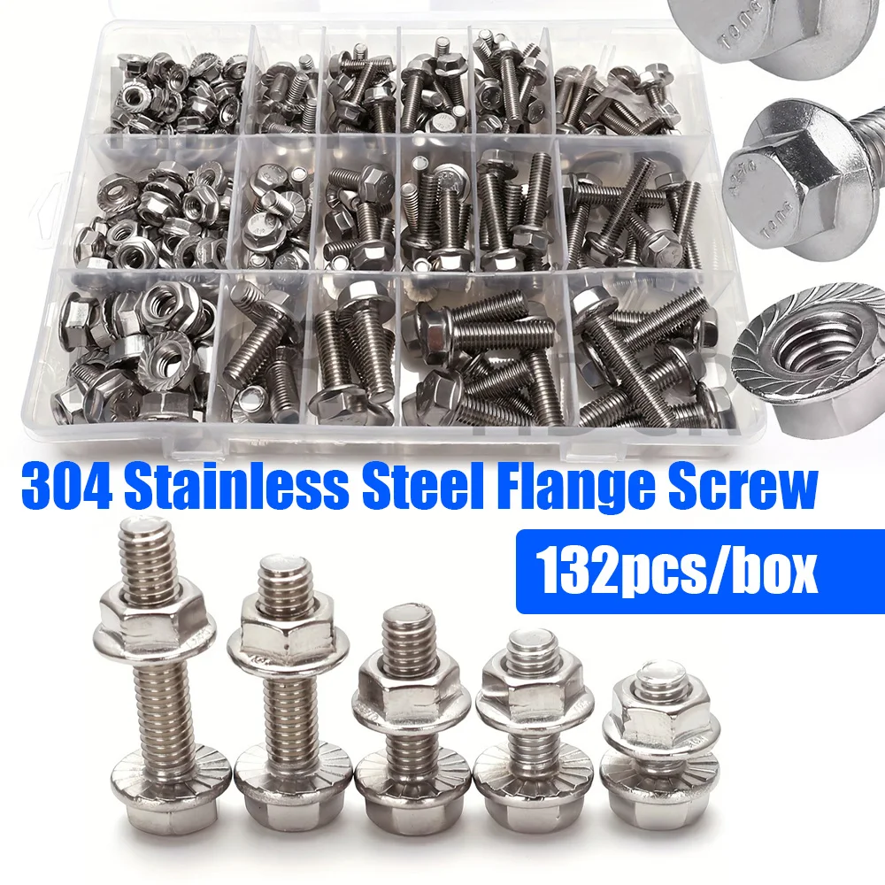 132 pcs 304 stainless steel hexagonal flange bolt and nut set, sizes M5/M6/M8, lengths: 10mm,12mm,16mm,20mm,25mm,30mm,35mm
132 pcs 304 stainless steel hexagonal flange bolt and nut set, sizes M5/M6/M8, lengths: 10mm,12mm,16mm,20mm,25mm,30mm,35mm
