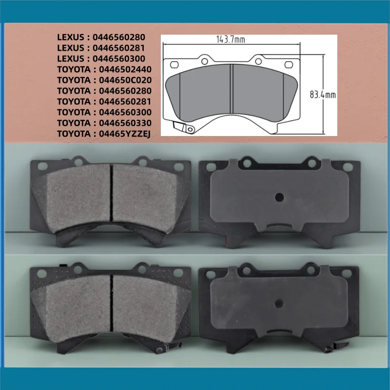 Front Brake Pads 044650C020, 0446560280 For Toyota Sequoia (XK60) Land Cruiser (J200) Tundra (XK50) Lexus LX460 LX570 (J200)
Front Brake Pads 044650C020, 0446560280 For Toyota Sequoia (XK60) Land Cruiser (J200) Tundra (XK50) Lexus LX460 LX570 (J200)