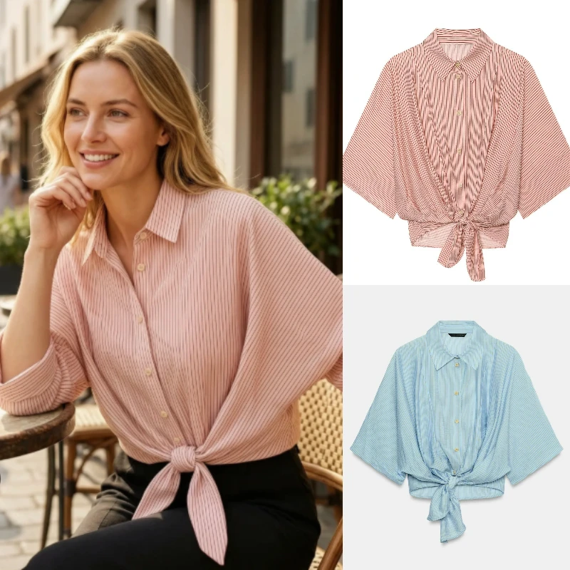 Women's Shirt 2026 New Summer Casual Tie Belt Wide Short Sleeve Button Striped Blouse Fashion Top
Women's Shirt 2026 New Summer Casual Tie Belt Wide Short Sleeve Button Striped Blouse Fashion Top