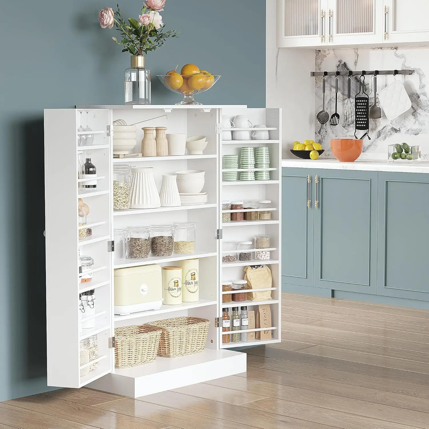 41" Kitchen Pantry, Modern 2-Door Kitchen Storage Cabinet with 5-Tier Shelving, 12 Spice Racks and Adjustable Shelves
41" Kitchen Pantry, Modern 2-Door Kitchen Storage Cabinet with 5-Tier Shelving, 12 Spice Racks and Adjustable Shelves