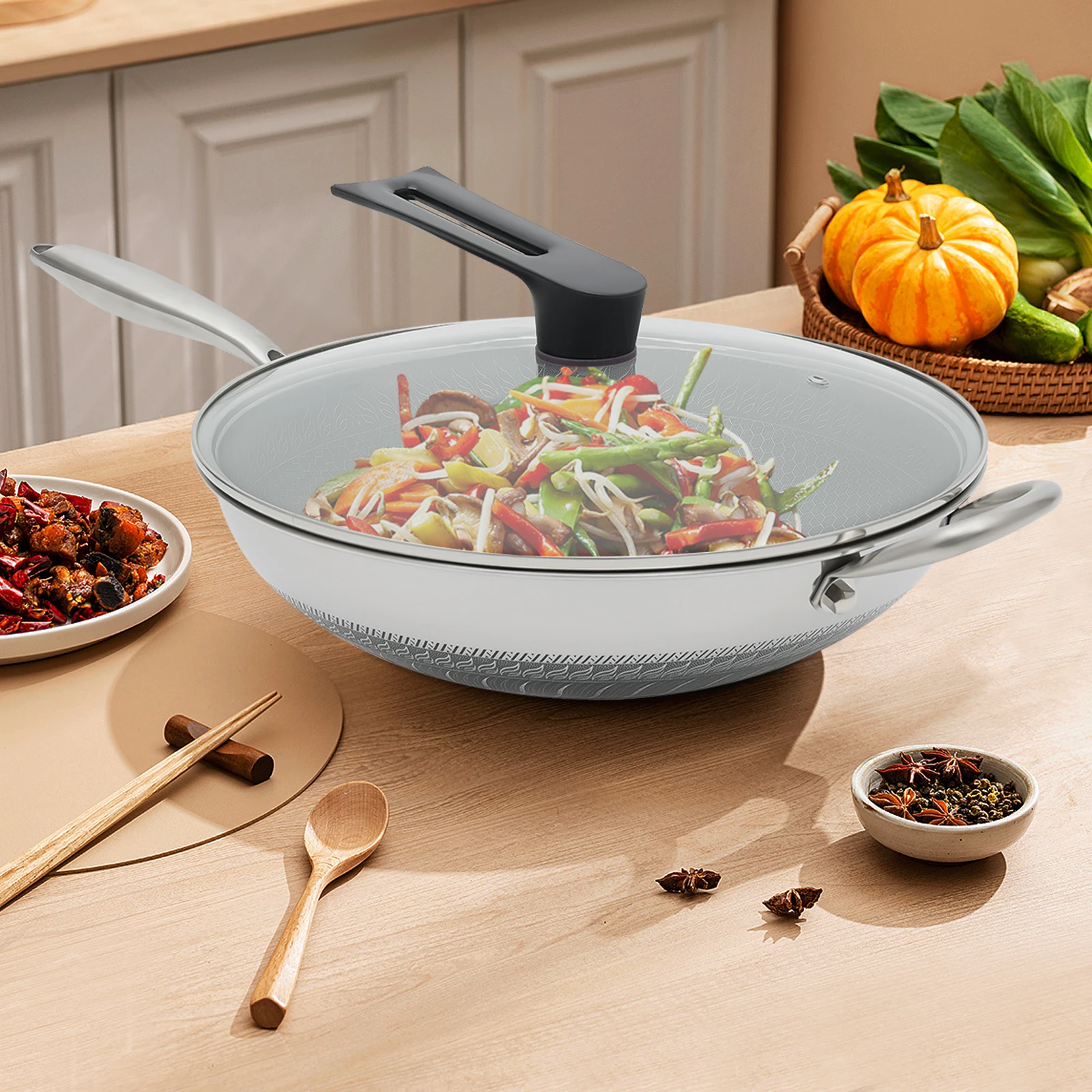 34cm/13.4inch Round Stainless Steel Wok with Clear Stand-Up Lid for Gas Stoves, Induction Cookers, Ceramic Stoves
34cm/13.4inch Round Stainless Steel Wok with Clear Stand-Up Lid for Gas Stoves, Induction Cookers, Ceramic Stoves