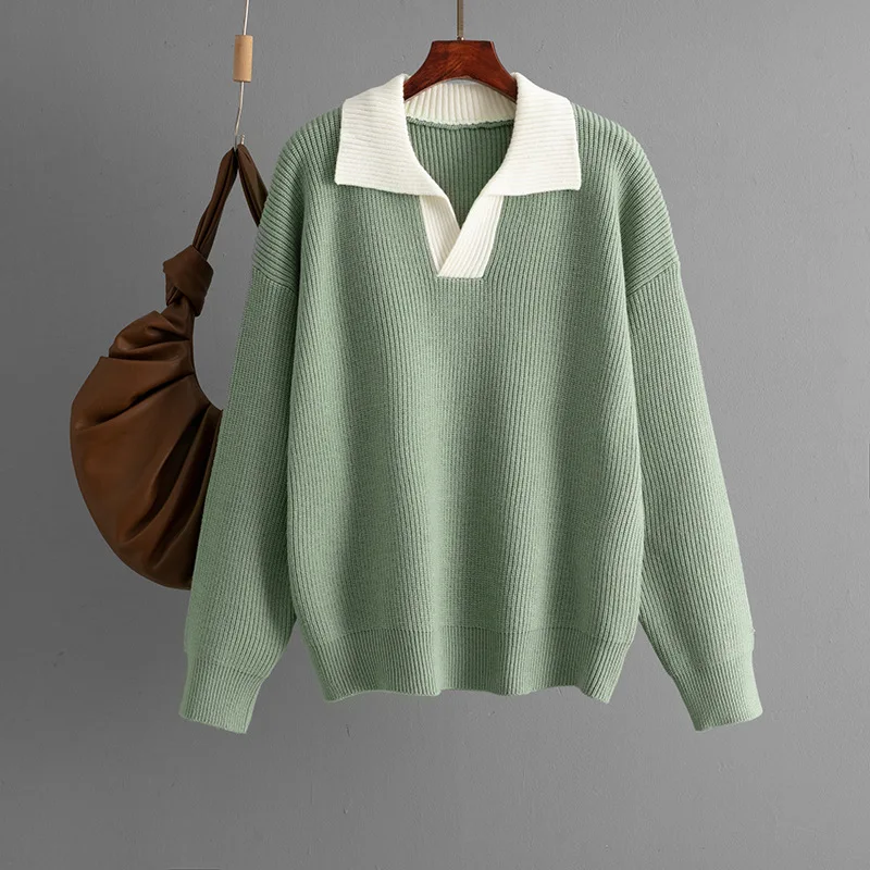 Casual Loose Knitted Pullover Sweater Autumn/Winter Woman' Tops New Color blocked POLO Collar Long Sleeve Knit Sweater Outerwear
Casual Loose Knitted Pullover Sweater Autumn/Winter Woman' Tops New Color blocked POLO Collar Long Sleeve Knit Sweater Outerwear