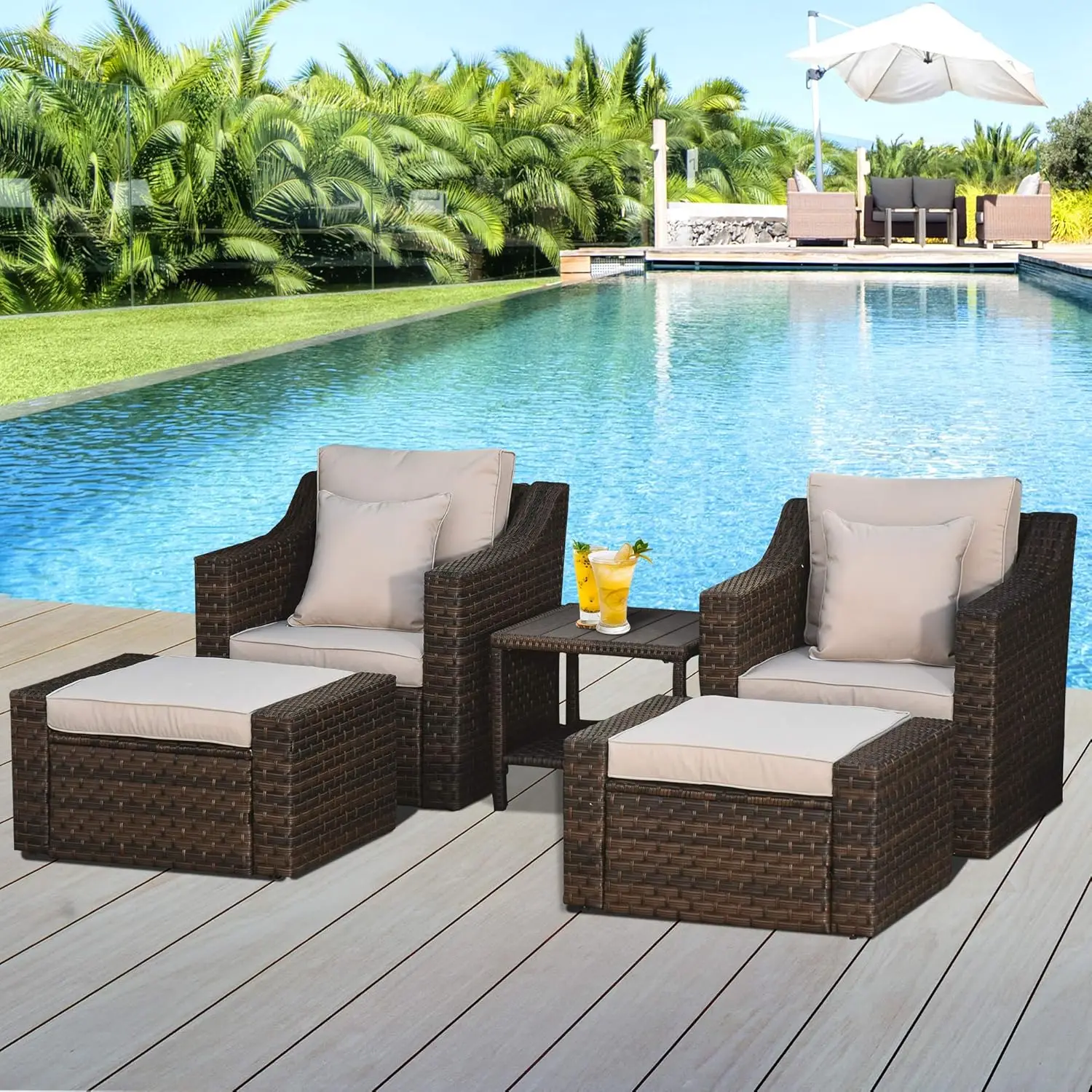 Patio Furniture Set, All Weather PE Rattan Conversation Chair, and Ottoman Set with Coffee Table, Cushions & Pillows Included
Patio Furniture Set, All Weather PE Rattan Conversation Chair, and Ottoman Set with Coffee Table, Cushions & Pillows Included