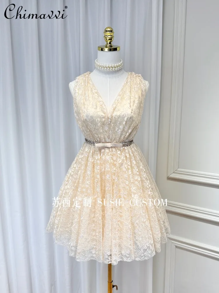 Elegant High-End Socialite Birthday Party Dresses Lace V-Neck Sleeveless Bow Diamond High Waist Slim A-Line Short Dress Women
Elegant High-End Socialite Birthday Party Dresses Lace V-Neck Sleeveless Bow Diamond High Waist Slim A-Line Short Dress Women