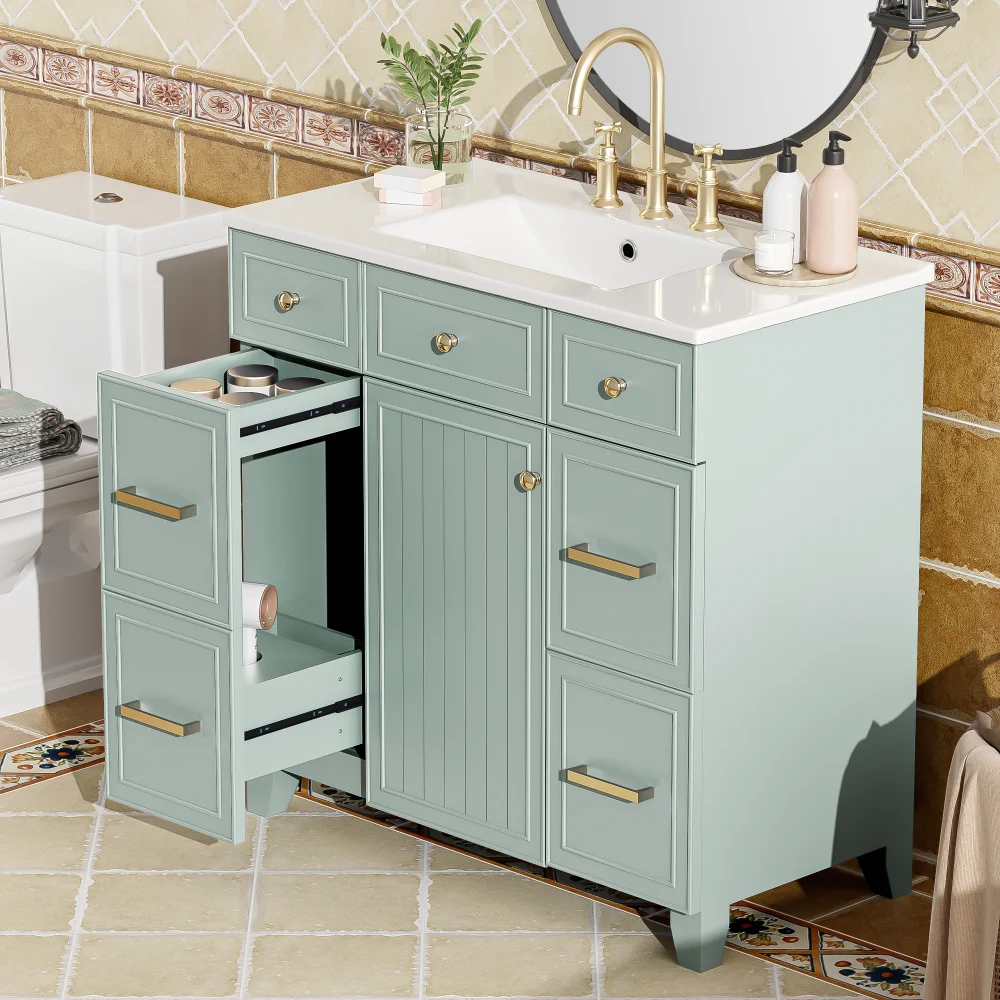 36" Bathroom Vanity with Ceramic Sink, Green, Solid Wood Frame, Soft Close Doors, Adjustable Shelves, 3 Drawers
36" Bathroom Vanity with Ceramic Sink, Green, Solid Wood Frame, Soft Close Doors, Adjustable Shelves, 3 Drawers