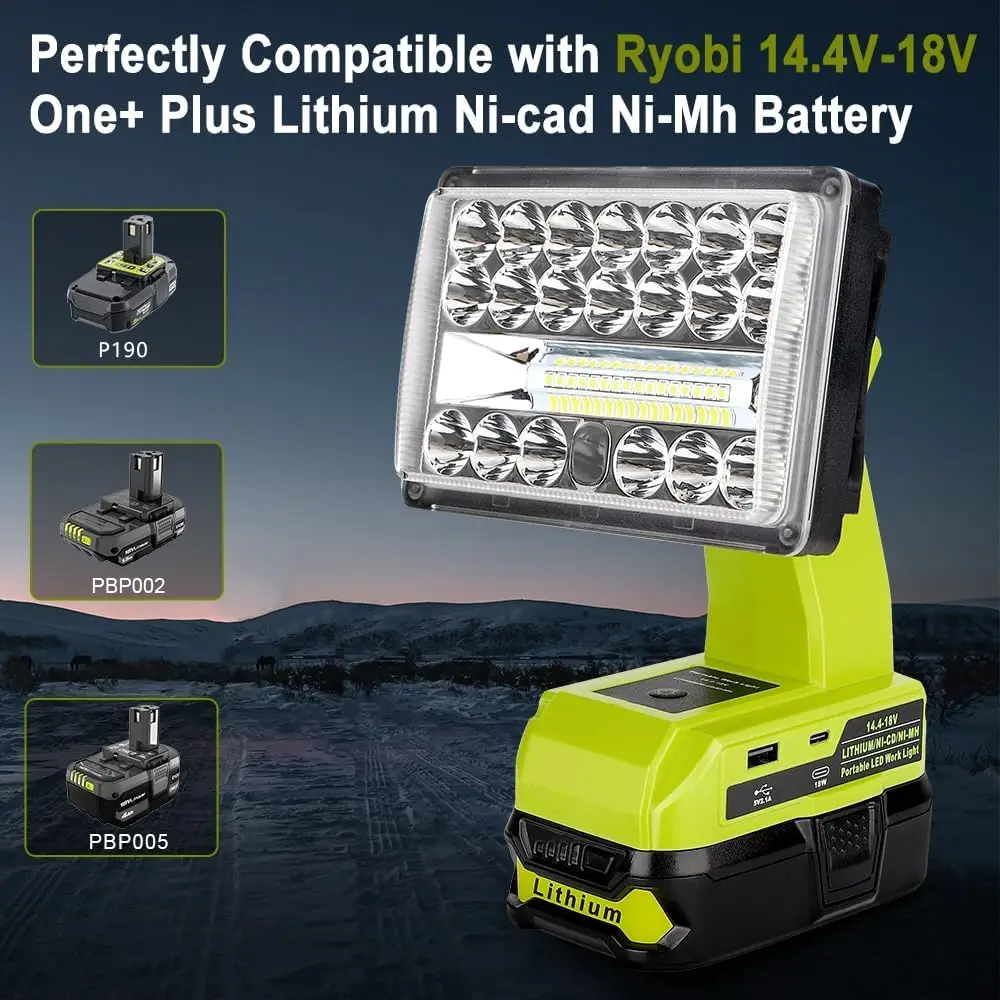 Cordless Led Work Light Compatible with Ryobi 18V Battery Rechargeable Jobsite Light Outdoor Battery Powered Floodlight USB Port
Cordless Led Work Light Compatible with Ryobi 18V Battery Rechargeable Jobsite Light Outdoor Battery Powered Floodlight USB Port