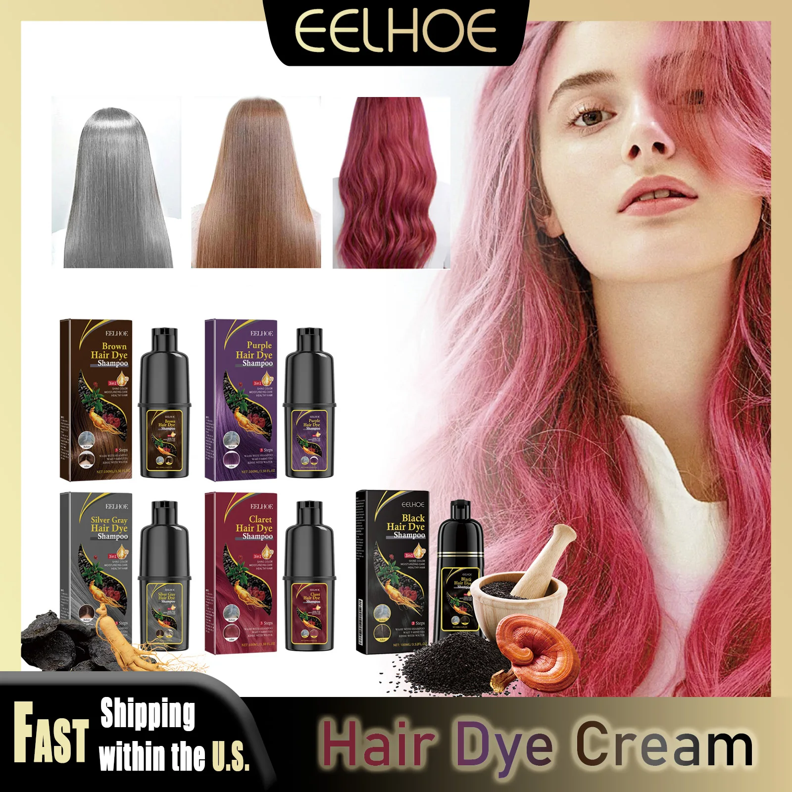 EELHOE Herbal Hair Dye Shampoo Long-lasting Hair Color Black Claret Purple Brown Sliver-Grey Quick Hair Dye Gentle For Women Men 
EELHOE Herbal Hair Dye Shampoo Long-lasting Hair Color Black Claret Purple Brown Sliver-Grey Quick Hair Dye Gentle For Women Men