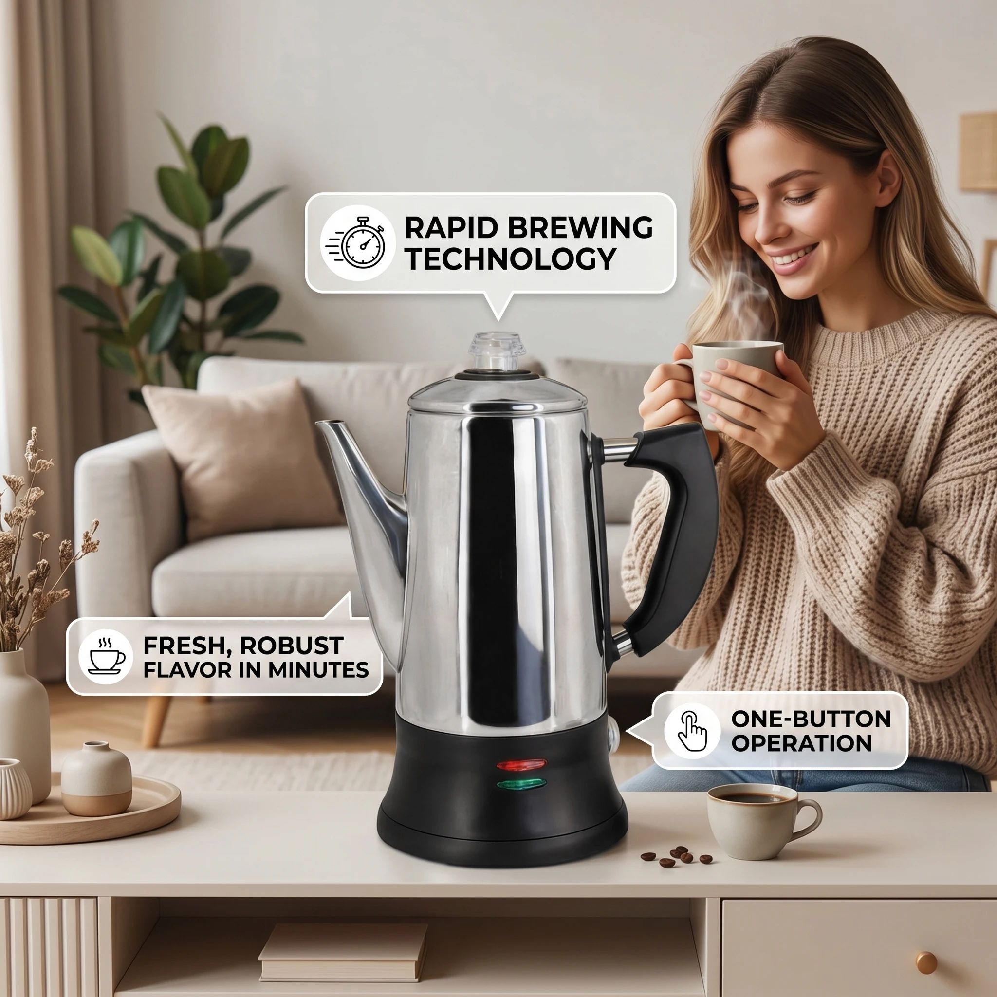Electric Coffee Percolator Stainless Steel Coffee Maker with Heat Resistant Tough Glass Clear Brew Coffee Pot with On/OFF Switch
Electric Coffee Percolator Stainless Steel Coffee Maker with Heat Resistant Tough Glass Clear Brew Coffee Pot with On/OFF Switch