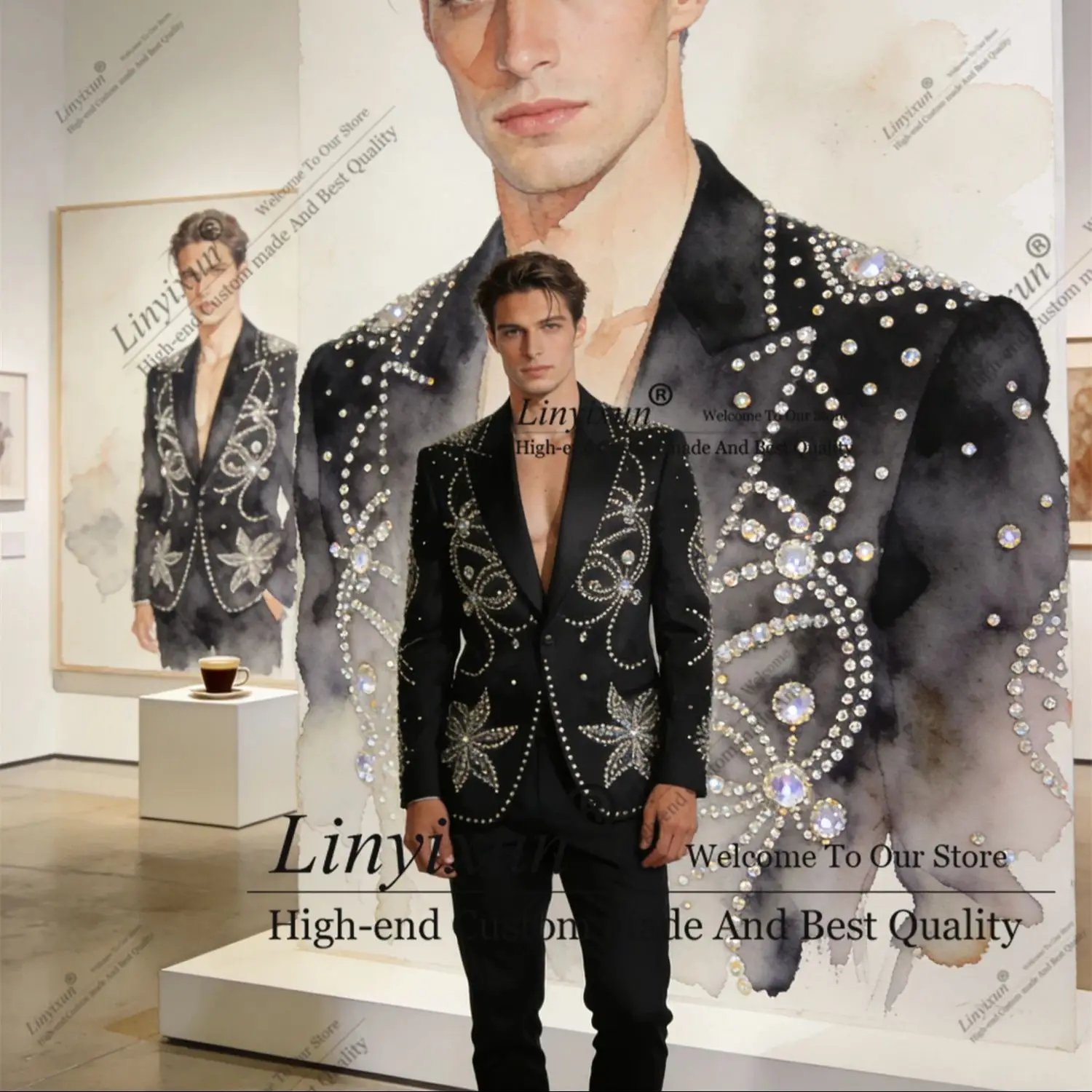 Handsome Rhinestone Diamond Men Suits Customized Elegant Slim Fit Wedding Tuxedos 2 Pieces Sets Groom Male Blazers Ropa homre
Handsome Rhinestone Diamond Men Suits Customized Elegant Slim Fit Wedding Tuxedos 2 Pieces Sets Groom Male Blazers Ropa homre