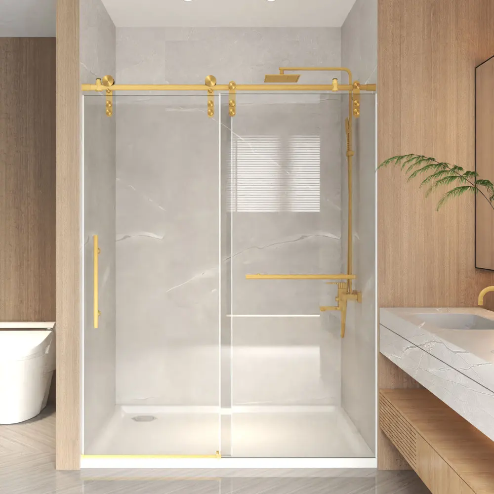 56-60" x 76" H Frameless Sliding Shower Door, 5/16" (8mm) Clear Tempered Glass, Stainless Steel Frame,Brushed Gold
56-60" x 76" H Frameless Sliding Shower Door, 5/16" (8mm) Clear Tempered Glass, Stainless Steel Frame,Brushed Gold
