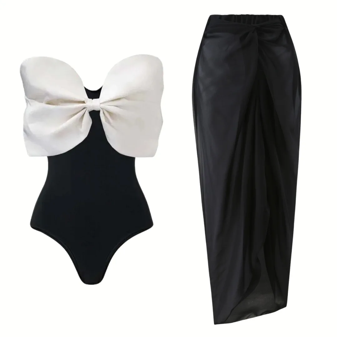 Women Swimwear Strapless Black And White Strapless Bow Swimsuit Two-piece Bodysuit Bikini Set Beach Style Wear Maxi Dress Skirt
Women Swimwear Strapless Black And White Strapless Bow Swimsuit Two-piece Bodysuit Bikini Set Beach Style Wear Maxi Dress Skirt