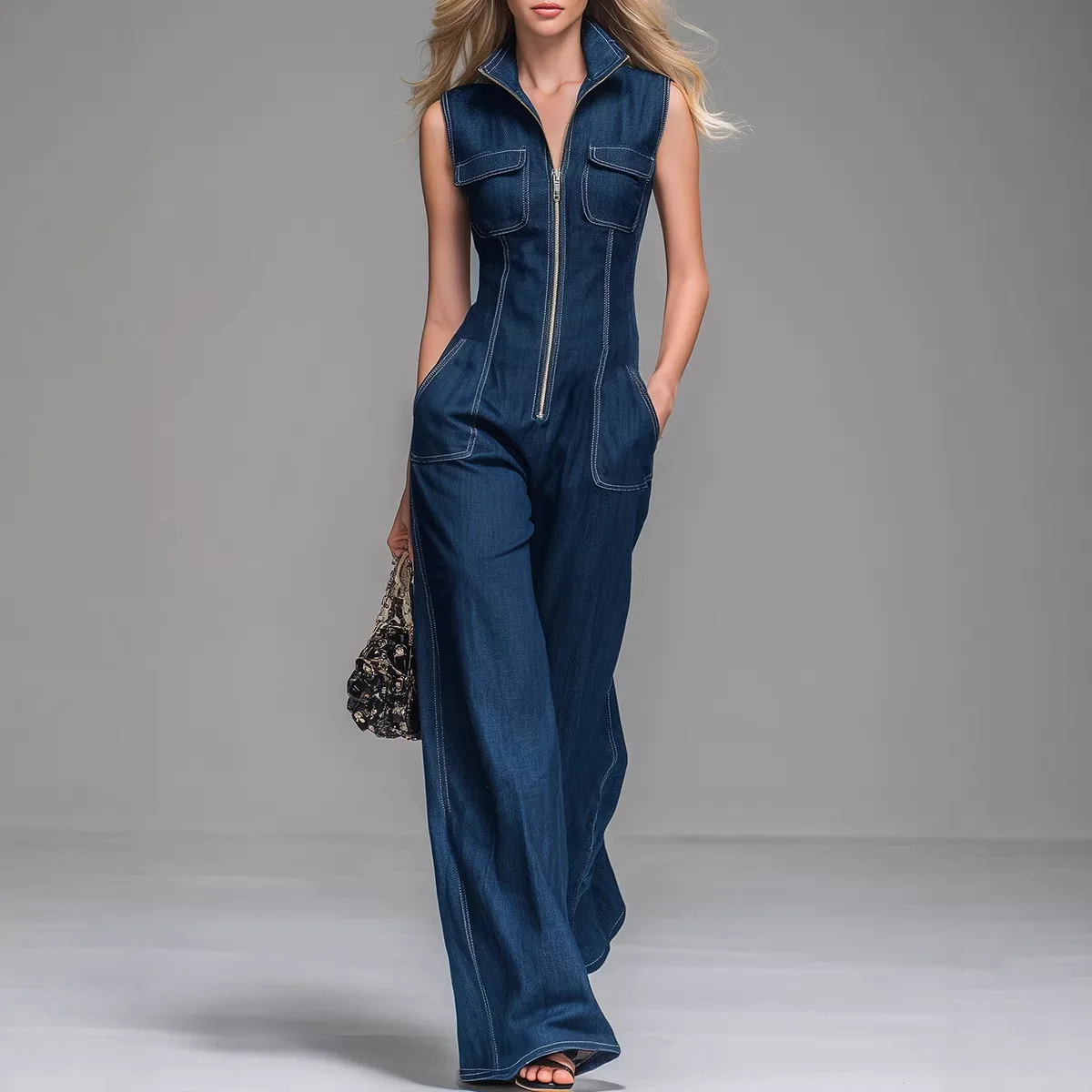 Vintage Denim Sleeveless Jumpsuit Women Zipper Front High Waist Wide Leg Casual Streetwear Overalls Turn Down Collar Rompers
Vintage Denim Sleeveless Jumpsuit Women Zipper Front High Waist Wide Leg Casual Streetwear Overalls Turn Down Collar Rompers