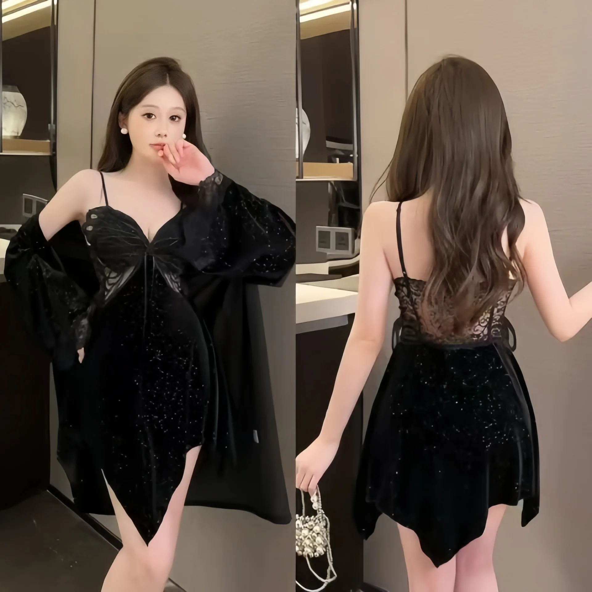 2025 Starry Sky Sparkling Pajamas Golden Velvet Women's Two-piece Dress With Chest Pad Sexy Female Butterfly Fly
2025 Starry Sky Sparkling Pajamas Golden Velvet Women's Two-piece Dress With Chest Pad Sexy Female Butterfly Fly