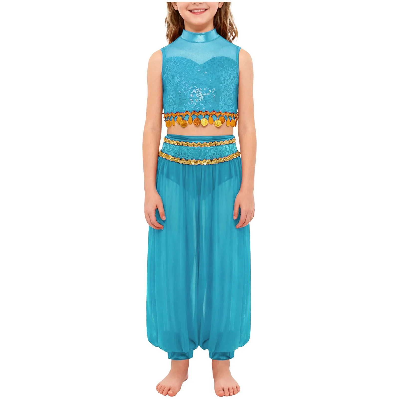 Kids Girls Jazz Belly Dance Costume Indian Dance Outfit Mock Neck Sleeveless Mesh Patchwork Sequin Crop Top with Bloomers Pants
Kids Girls Jazz Belly Dance Costume Indian Dance Outfit Mock Neck Sleeveless Mesh Patchwork Sequin Crop Top with Bloomers Pants