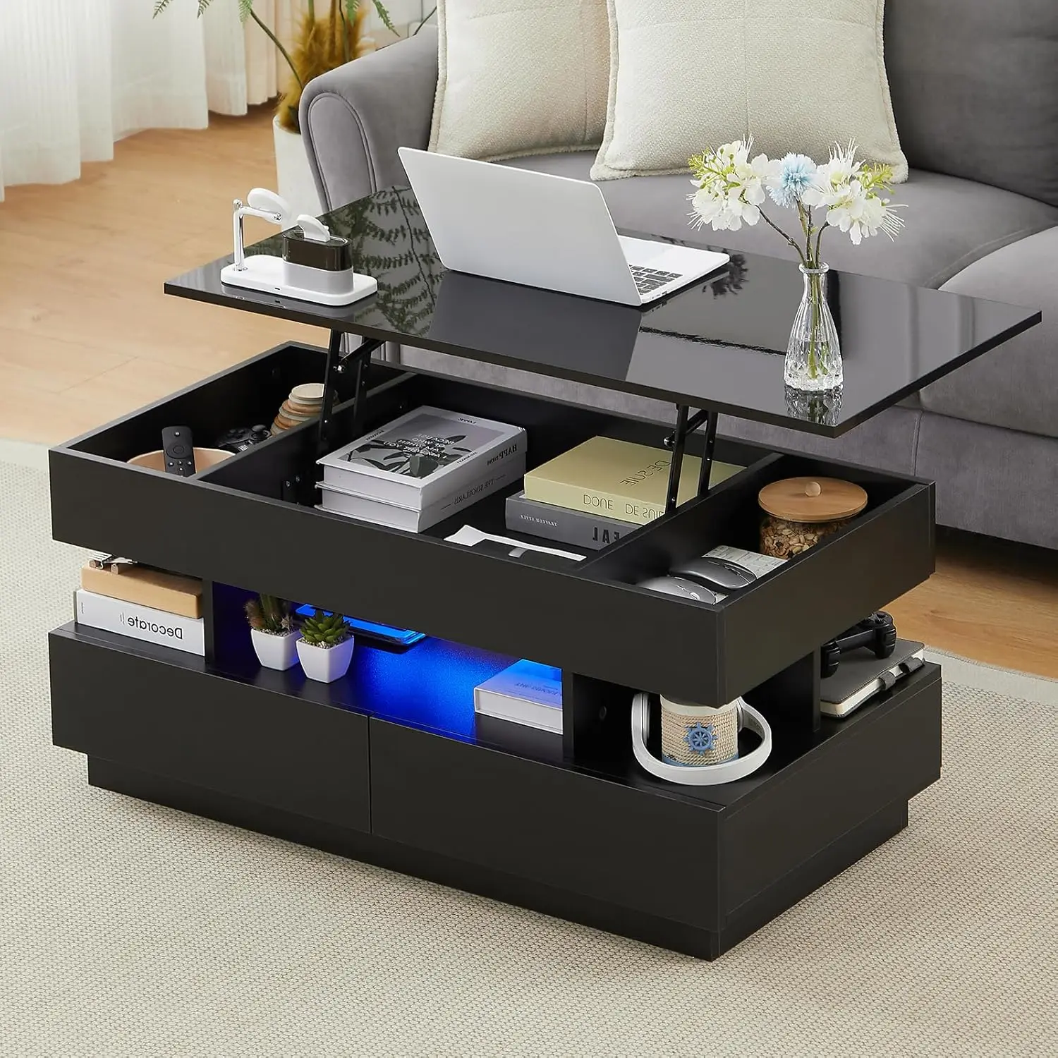 Lift Top LED Coffee Table Storage 2-Drawer 2-Hidden Compartment Convertible Office Dining Living Reception Black Customized
Lift Top LED Coffee Table Storage 2-Drawer 2-Hidden Compartment Convertible Office Dining Living Reception Black Customized