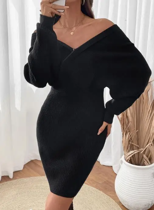 Autumn and Winter New Casual Minimalist Style V-Neck Bat Sleeve Black Waist Bag Hip Dress Women's Sexy Slim Knit Dress
Autumn and Winter New Casual Minimalist Style V-Neck Bat Sleeve Black Waist Bag Hip Dress Women's Sexy Slim Knit Dress
