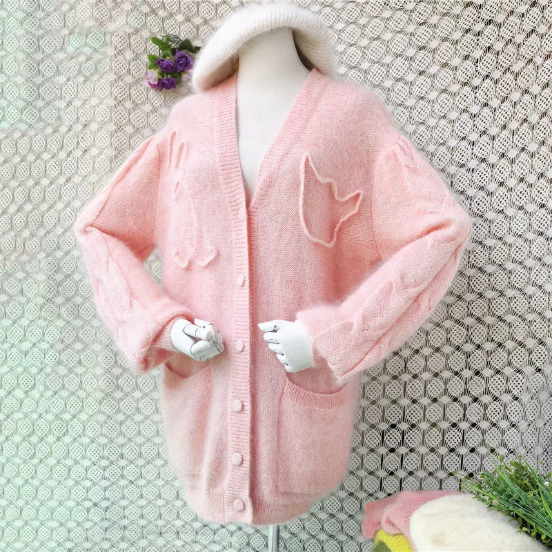 Women Pink 3D Butterfly Mohair Cardigan V Neck Button Pocket Oversized Cable Knit Batwing Sleeve Thick Soft Warm Loose Winter Kn
Women Pink 3D Butterfly Mohair Cardigan V Neck Button Pocket Oversized Cable Knit Batwing Sleeve Thick Soft Warm Loose Winter Kn