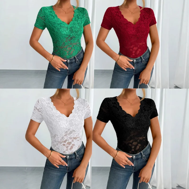 European and American New20252025Spring Summer New Women's Solid Color LaceVShort Sleeve Lace Base Shirt
European and American New20252025Spring Summer New Women's Solid Color LaceVShort Sleeve Lace Base Shirt