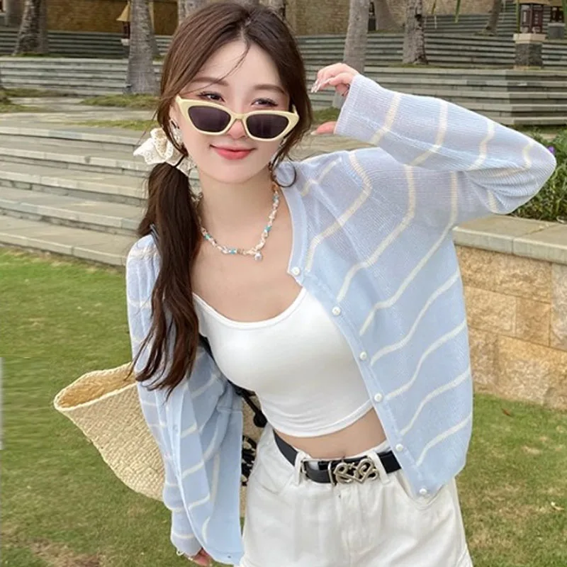 Knitted Sweater Women Cardigans O-Neck Striped Knit Sweater Cardigan Women Tops New Long Sleeve Sunscreen Sueters De Mujer Q4401
Knitted Sweater Women Cardigans O-Neck Striped Knit Sweater Cardigan Women Tops New Long Sleeve Sunscreen Sueters De Mujer Q4401