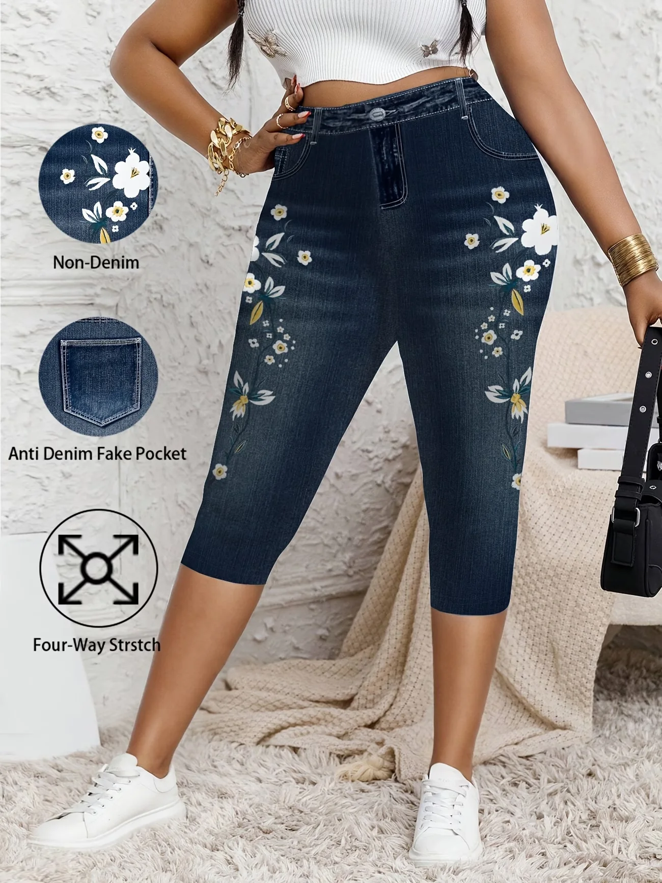 Women's Plus Size Flower Print Cropped Pants, Four-Way Stretch Non-Denim Fake Pocket Casual Trousers
Women's Plus Size Flower Print Cropped Pants, Four-Way Stretch Non-Denim Fake Pocket Casual Trousers