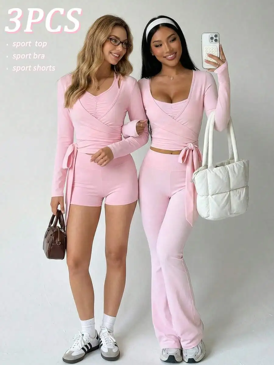 3PCS Women Powder Pink Sport Set Long Sleeve V-Neck Top Bra Shorts
3PCS Women Powder Pink Sport Set Long Sleeve V-Neck Top Bra Shorts