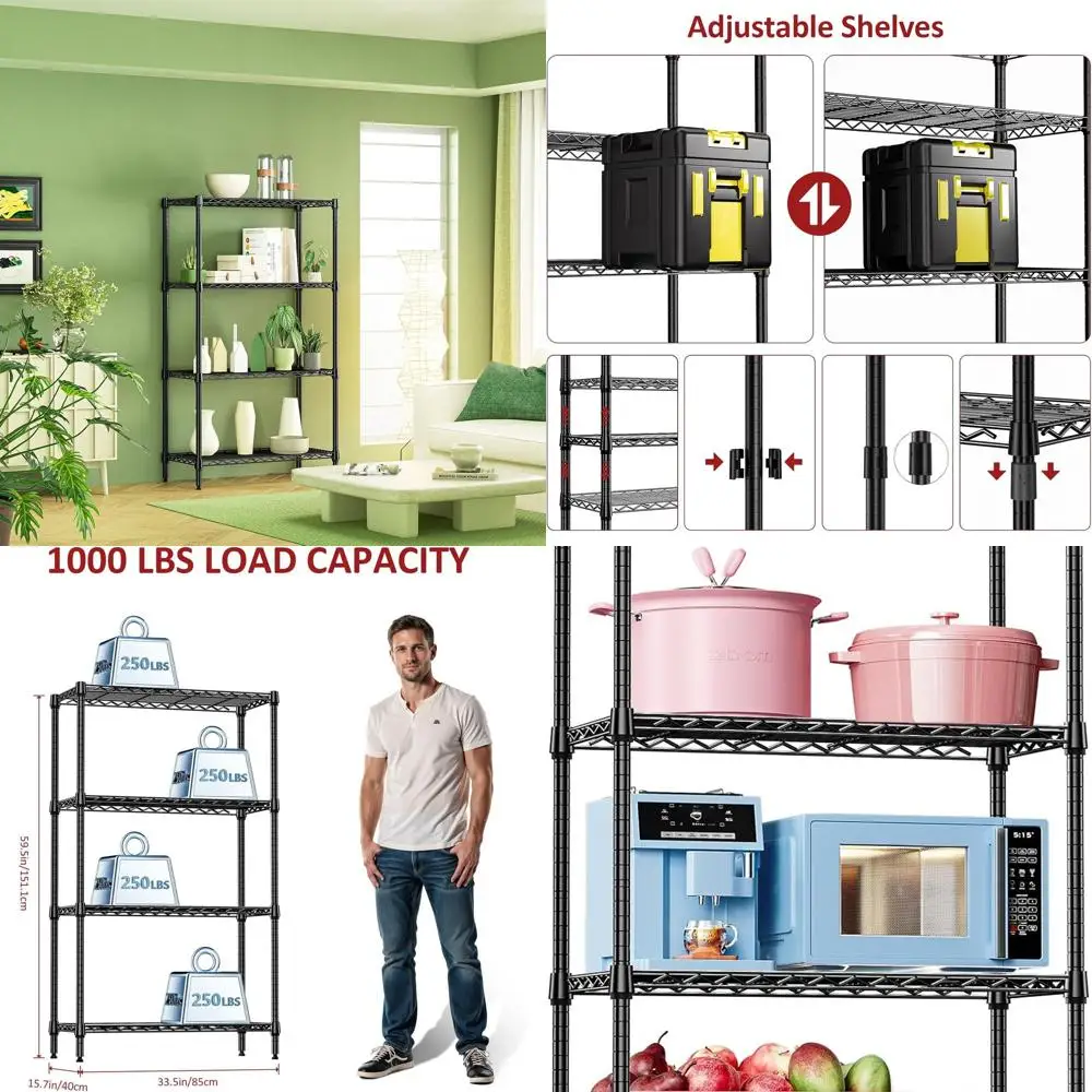 Sturdy 4-Tier Adjustable Wire Shelving, 1000 lbs Capacity, for Garage, Kitchen, and Storage, 15.7x33.5x59.5
Sturdy 4-Tier Adjustable Wire Shelving, 1000 lbs Capacity, for Garage, Kitchen, and Storage, 15.7x33.5x59.5