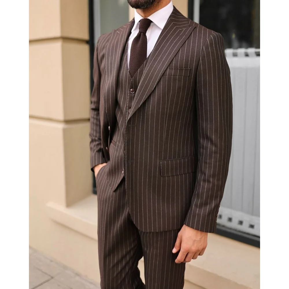 Brown Stripe Men Suit Single-breasted Peak Lapel 3 Pieces(Jacket+Pants+Vest) Male Formal Wedding Party Set
Brown Stripe Men Suit Single-breasted Peak Lapel 3 Pieces(Jacket+Pants+Vest) Male Formal Wedding Party Set