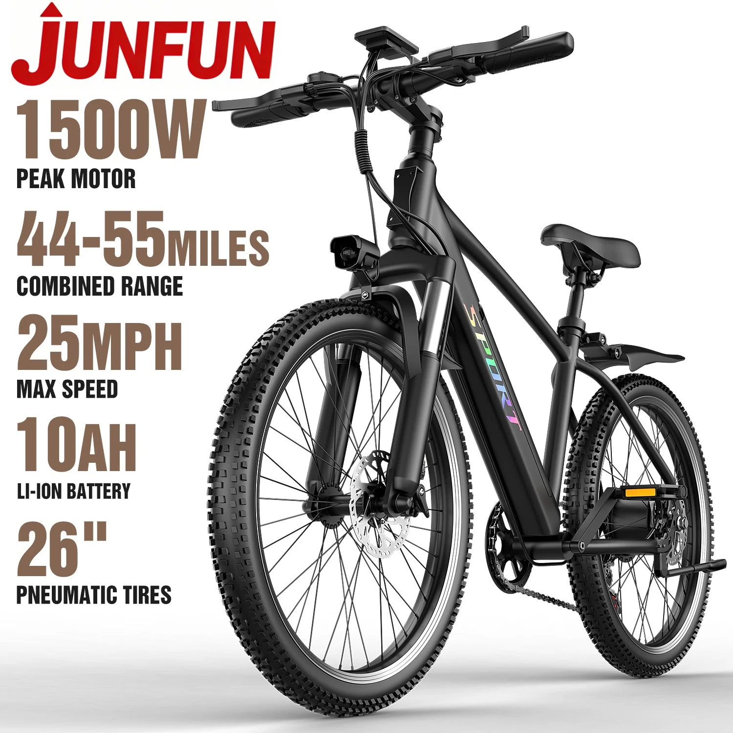 JUNFUN Electric Bike for Adults, 26" Tires, 1500W Motor, 25MPH 45-55Miles Mountain Ebikes, 7 Speed Gearshift, LCD Display
JUNFUN Electric Bike for Adults, 26" Tires, 1500W Motor, 25MPH 45-55Miles Mountain Ebikes, 7 Speed Gearshift, LCD Display